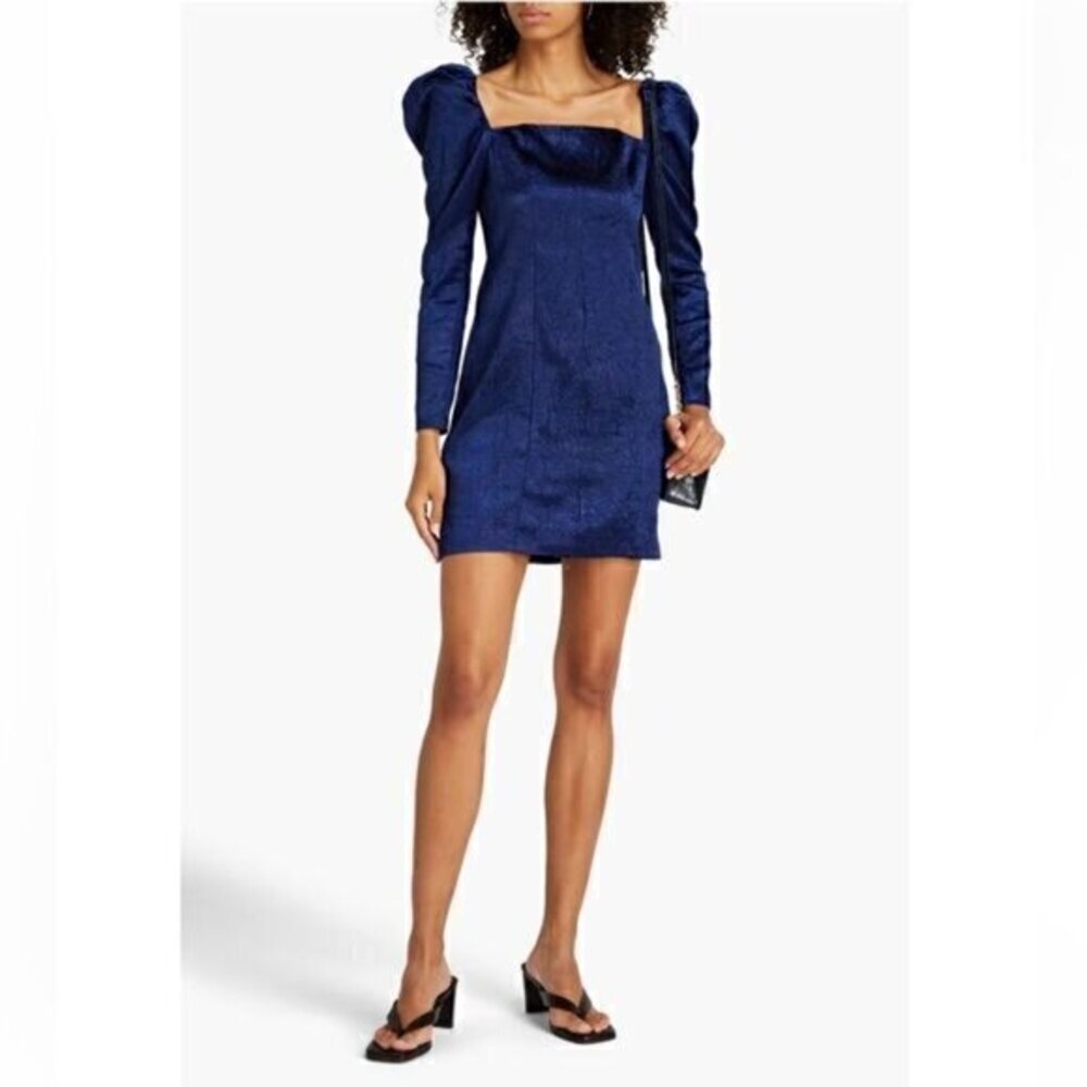 Samsøe Samsøe Nomie Gathered Textured Satin Mini Dress Size Large Navy Blue